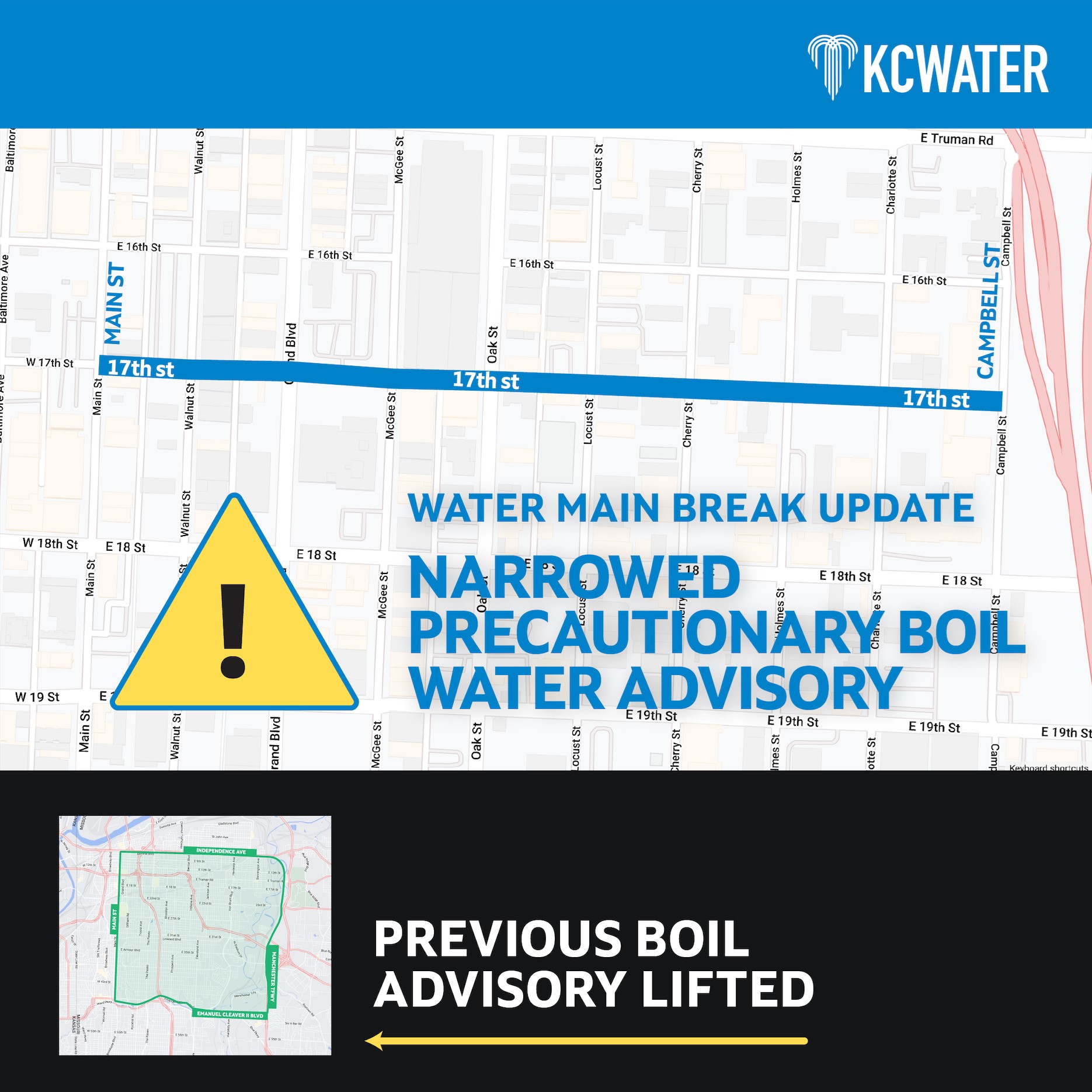 KC Water Issues a Precautionary Boil Water Advisory for 17th St. KC Water